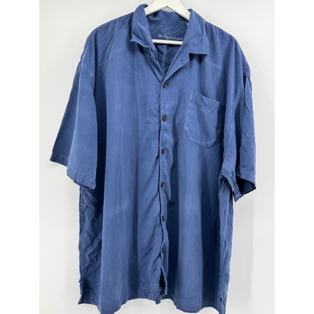 Tommy Bahama Mens XXL Blue 100% Silk Short Sleeveâ Button Down Camp Shirt Stripe